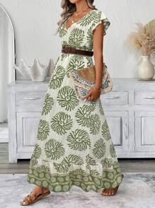 SHEIN LUNE Vestido con mangas cortas de estilo plisado y volantes, cintura ceñida y dobladillo con volantes en línea A, estilo casual y de resort para mujer - Verde - Ver 5
