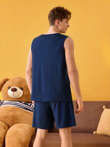 Notgurli Men's Letter Print Tank Top And Shorts Sleepwear Set - Navy Blue - View 2