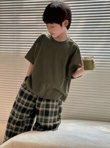 Dazy Kids Tween Boys Knit Round Neck Short Sleeve T-Shirt + Plaid Long Pants Homewear Set, Spring/Summer,Back To School Clothes - Dark Green - View 2