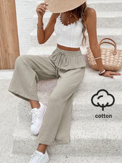 SHEIN Frenchy Women's Solid Color Waist Tie Wide Leg Loose Casual Pants Winter Brown Spring