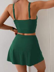 SHEIN Swim Women's Vacation Beach Solid Color Camisole Tankini Set For Summer - Dark Green - View 2