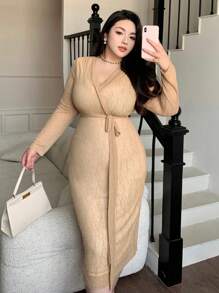 Dazy Plus Plus Size Textured Fabric V-Neck Bodycon Tie-Waist Split Midi Cocktail Dress,Fall Dress Long Sleeve Dress - Khaki - View 7
