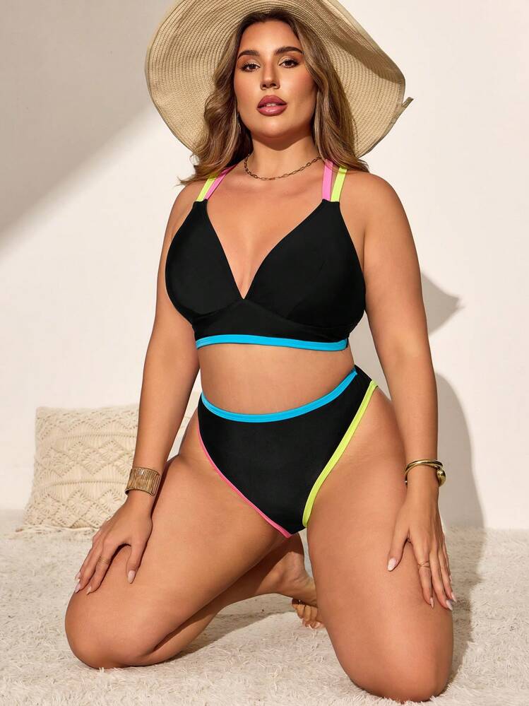 SHEIN Swim Curve Plus Size Color Block Bikini Swimsuit Set, Vacation Style For Summer - Black - View 6