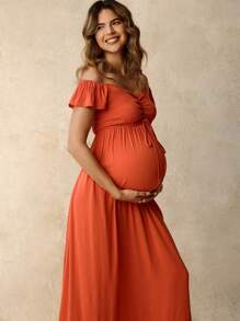Boho Mama Bohemian Maternity Off-Shoulder Ruffled Hem Short Sleeve Solid Color Dress - Rust Brown - View 5