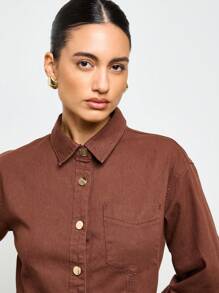 AiiRZ Fitted Button Down Long Sleeve Denim Shirt Dress Mini Length Western Style Fall Winter Fashion Casual Day Wear - Coffee Brown - View 4