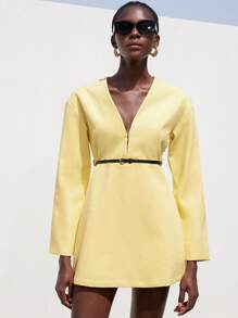 Aveloria Modichic Vestido holgado de manga larga, cuello en V, de ajuste ancho y elegante clásico, con cinturón, de color vibrante, estilo de oficina para mujer, para otoño