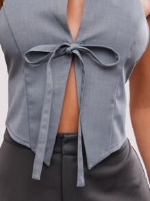 Hauture 女士性感办公室前开衩系带露背上衣 - 灰色 - 查看 3