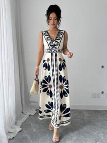 Elenzga Floral Print V-Neck Sleeveless Dress For Women, Vacation