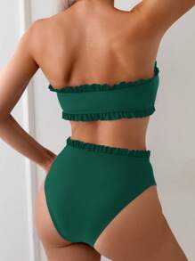 SHEIN Swim Women's Summer Beach Solid Color Ruffle Trim Bandeau Bikini Set With Front Knot, Two Pieces Swimwear Black Bathing Suits - Olive Green - View 2