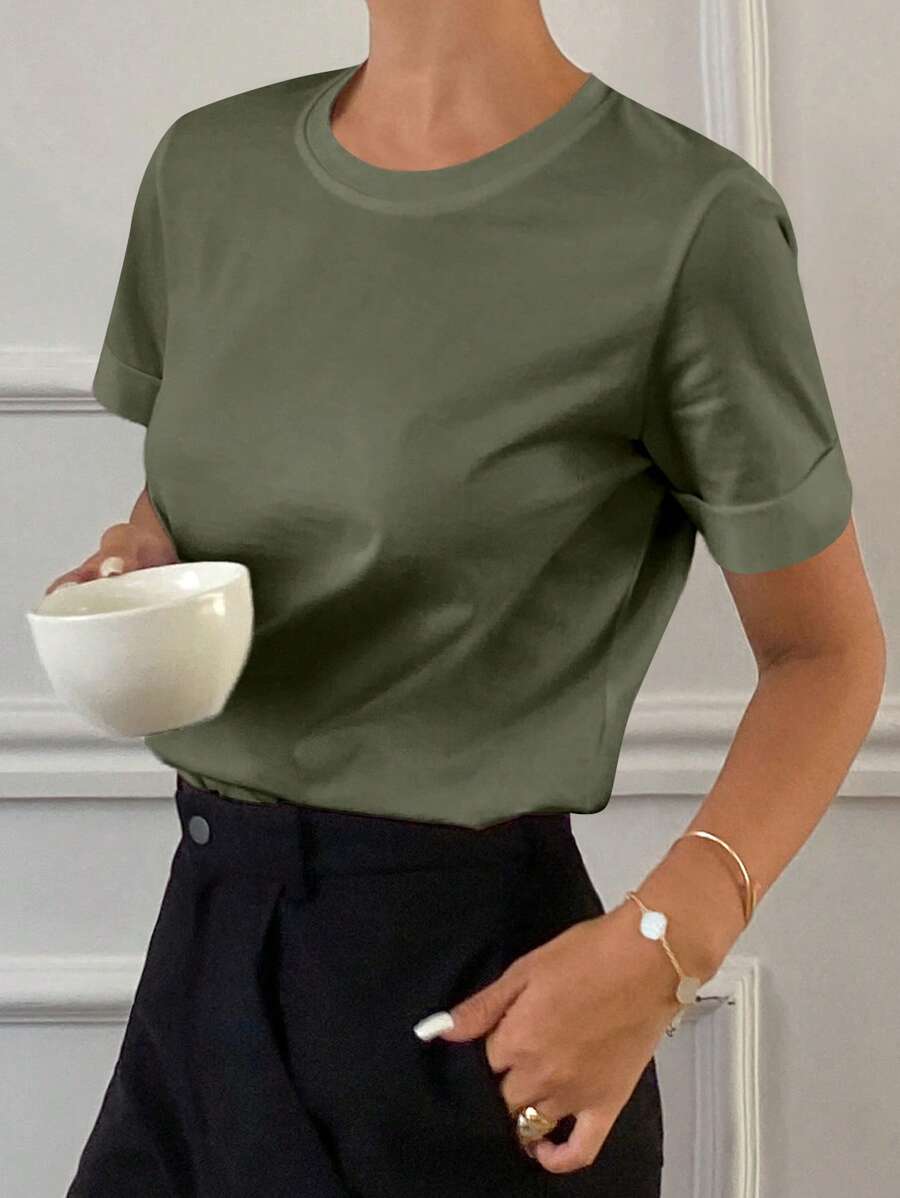 Livesso 女士纯色短袖T恤，适合夏季的时尚 - 軍綠色 - 查看 1