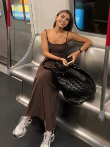 Livesso Nuevo vestido largo de mujer de unicolor para el resort de playa de verano, informal - Marrón - Ver 3