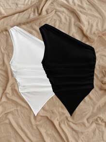 Soleia 2pcs/Set Solid Color Mixed Black And White Asymmetric Hem Asymmetrical Neck Tops, Suitable For Summer Vacation,Rave Top Suitable For Going Out