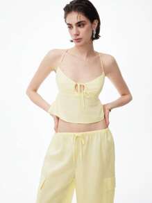 LYSMO 女士两件套露背上衣和裤子套装，适合日常穿着 - 黃色 - 查看 6