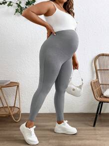 SHEIN Plus Size Maternity Casual Solid Color Adjustable Waist Leggings - Black - View 11