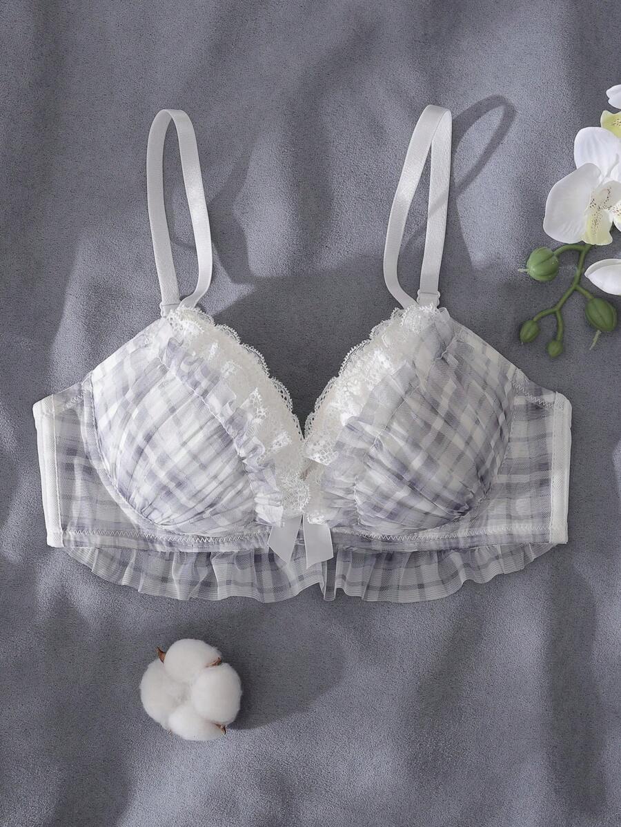Dream Adore 格子、钢圈、模压罩杯、提升、支撑、蕾丝花边、多层荷叶边、荷叶边下摆、蝴蝶结、可爱洛丽塔娃娃、清新、可爱、舒适的半罩杯女士内衣文胸 - 藍色 - 查看 1