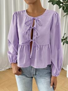 Comfortcana 夏季休闲浅紫色蝴蝶结吊带女式条纹娃娃裙 - 紫色 - 查看 3