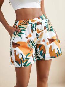 EBIB Blossom Drift Abstract Tropical Floral Printed Elastic Waist A-Line Shorts Women Vacation