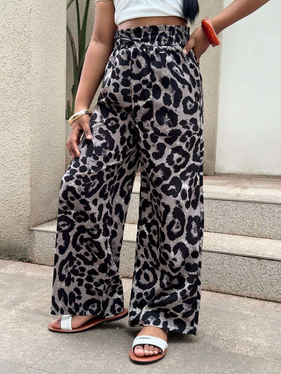 SHEIN Tween Girls' Casual Fashion Chiffon Leopard Print Straight Leg Pants - Grey - View 1