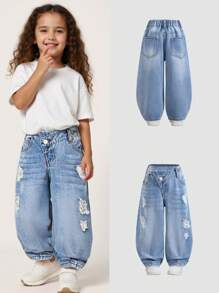 DENIMLY UNISEX 4-7Y Young Girl COTTON COOL MAX BAGGY JEANS- With Elastic Waistband And Front Crossover Button Closure. Front Pockets And Patch Pockets On The Back. Casual And Chic, Young Girl Must Have Daily Item - Medium Wash - View 8