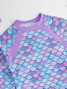 Sparklyn 青少年女孩美人鱼鳞片印花插肩袖上衣和裤子比基尼套装（含头带）