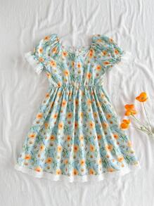 SHEIN Robe à manches bouffantes simple, à la mode et fraîche avec imprimé numérique de fleurs. Convient pour les vacances d'été et la tenue de plage - Multicolore - Voir 3