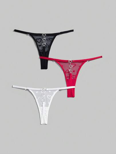 Kawaii 3 pezzi Set di perizoma in pizzo sexy con cuore in metallo, adatto per rave
