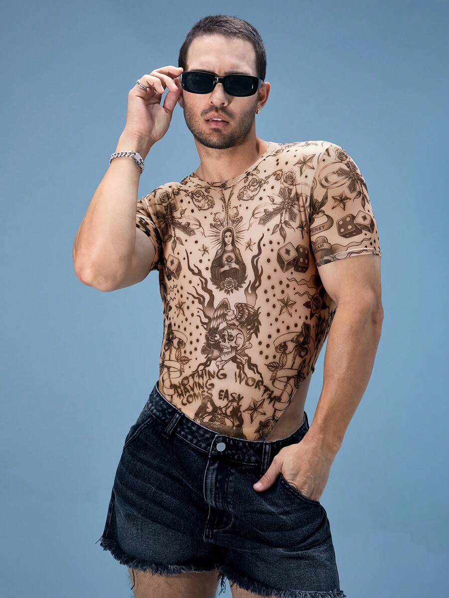 FeverCity Fever City 男士数码印花网眼露肩 V 领短袖连体裤 - 彩色 - 查看 1