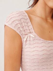 WESTFADE Top a maniche corte aderente con scollo a barca, con fiocco sul davanti, in maglia texturizzata, stile cowgirl, adatto per una vacanza estiva a Nashville