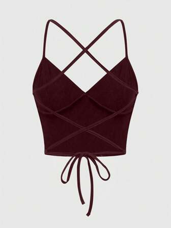 Grunge Punk Camiseta tirantes cortos ajustada con escote en V y espalda cruzada de color liso y sexy