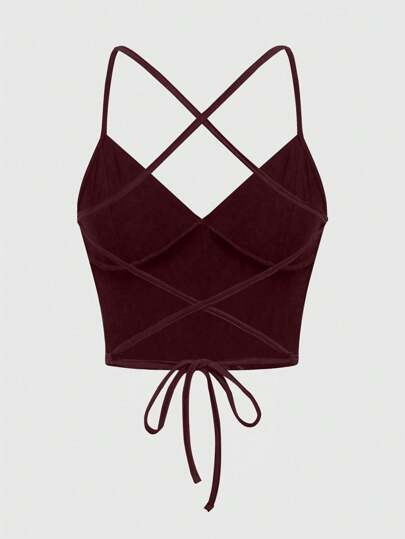 Grunge Punk Sexy, einfarbiges, rückenfreies Camisole mit überkreuzten Trägern und V-Ausschnitt