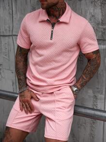 Manfinity Homme Men's Fashionable 3D Textured Casual Polo Set Men 2 Pieces Sets Men 2 Pieces Outfits Summer