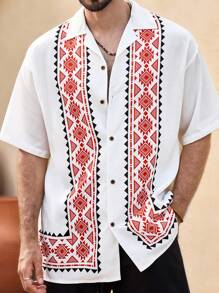 Manfinity VCAY Camisa de manga corta casual de hombre con estampado geométrico tejido - Blanco - Ver 1