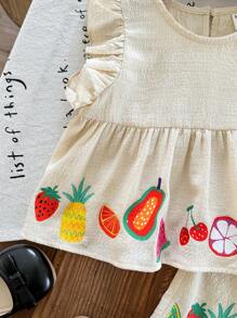 SHEIN 2 件套女婴可爱水果图案荷叶边短款上衣和高腰裤套装，夏季 - 杏色 - 查看 5