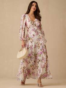 Enchnt 春夏浪漫女士杏色和紫色玫瑰印花深 V 领长袖荷叶边长裙，甜美优雅，适合度假、约会、节日、派对、毕业典礼、婚礼宾客和海滩，舞会礼服，女士夏季连衣裙，女士太阳裙，夏季服装，优雅的派对连衣裙