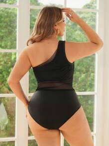 Swim Lushoire 2pcs Plus Size Women Black Mesh Spaghetti Strap High Waist Ruffled Drawstring Bowknot Triangle Bikini Set, Fashionable Minimalist Daily Casual Swimwear For Summer Beach Vacation