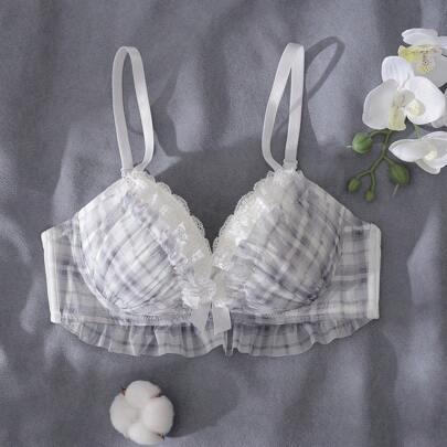 체크무늬, 와이어 내장, 성형컵, 들어올림, 지지력, 레이스 트림, 멀티티어 프릴, 프릴 헴, 리본, 카와이 큐트 로리타 인형, 프레쉬, 사랑스러운, 편안한 발코넷 여성 속옷 브라