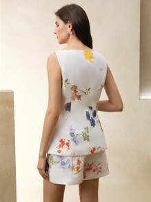 Anewsta Women Floral Print Single Breasted Sleeveless Fashion Blazer Jacket, Suitable For Summer, Festival, Holiday, Vacation, Elegant - White - View 3