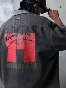 NEON BLANC 男士街头时尚梭织牛仔短袖宽松衬衫，街头风版 - 深灰色 - 查看 6