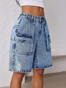 SHEIN ICON Denim Shorts With Pockets, Fashionable For Summer - Light Wash - View 6