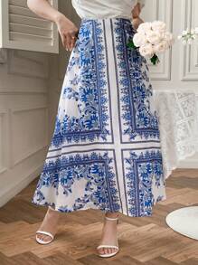DAZY Gonna midi elegante da donna con motivo in porcellana blu e bianca, stile boho estivo - Blu - Visualizzare 4
