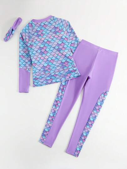 Sparklyn 3件套少女美人鱼鳞片印花吊带泳衣套装，含发带，保守款长袖长裤泳衣，适合年轻女孩沙滩穿着，长袖泳装，适合少女，长袖泳衣，适合女孩夏季运动度假