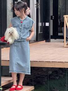 Dazy Kids 青少年女孩牛仔两件套服装 - 淺色水洗藍 - 查看 4