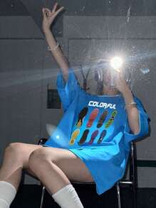 DAZY Women's Loose Pattern Printed Streetwear T-Shirt Graphic Tee - Blue - View 8