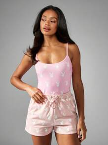 Missguided x Playboy Allover Bunny Print Cami Bodysuit Spaghetti Strap Athletic Loungewear Sleeveless Summer Jumpsuit Playsuit With Drawstring Shorts
