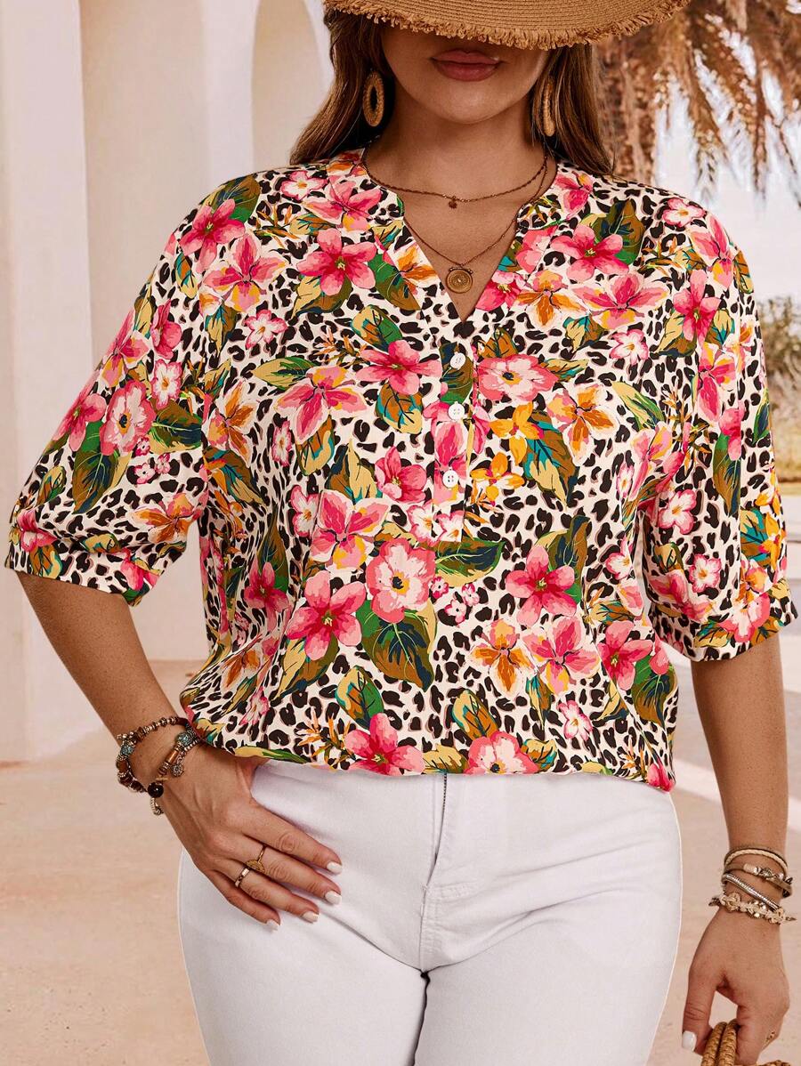 EMERY ROSE Plus Size Women's Summer Holiday Leopard & Floral Print Notch Collar Shirt,Women Summer Clothes - Multicolor - View 1