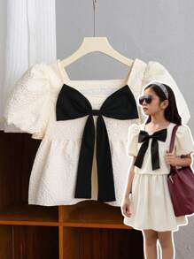 Tween Girl 休闲优雅可爱韩版泡泡袖蝴蝶结撞色黑白衬衫 - 黑與白 - 查看 1