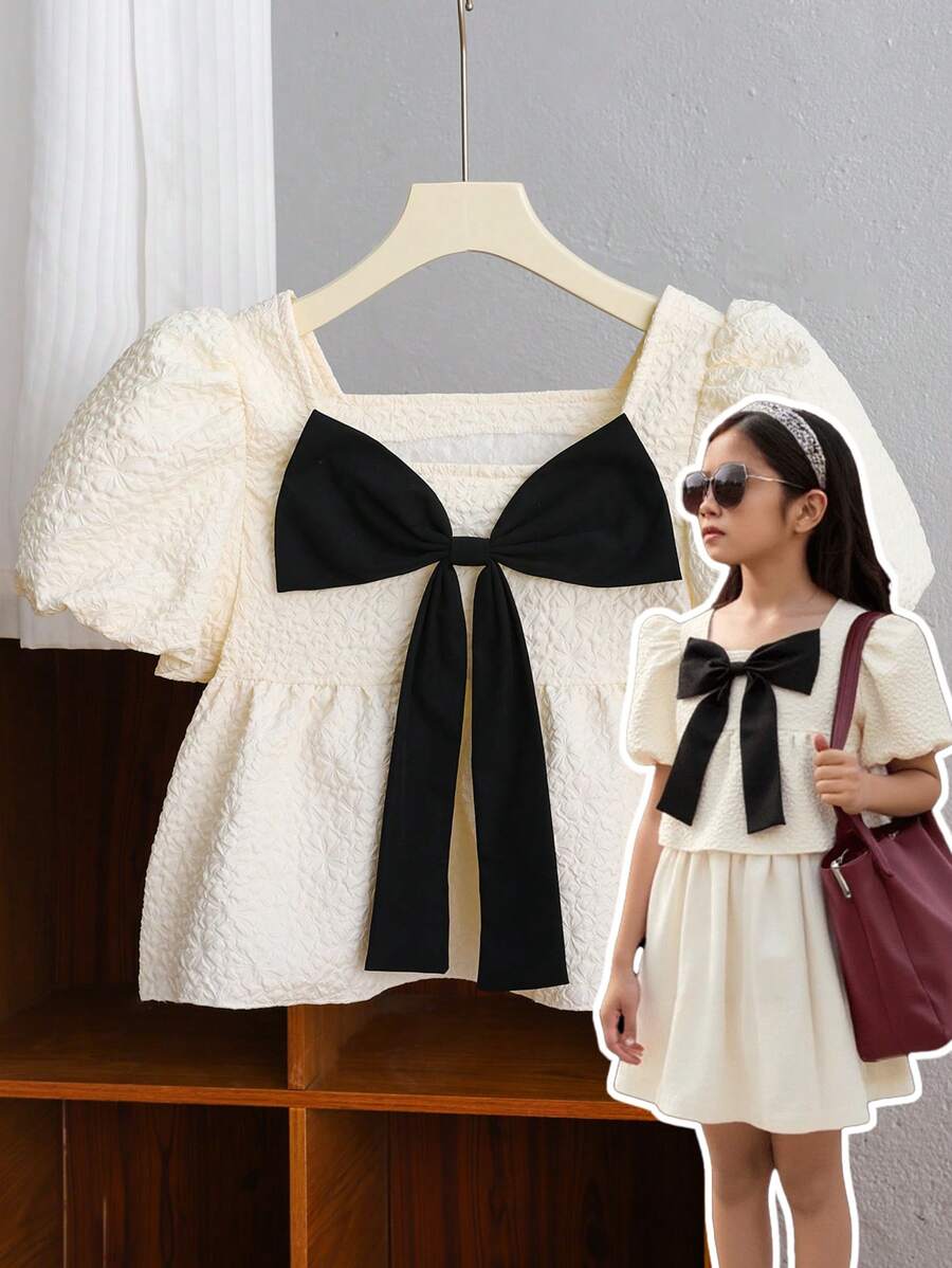 Tween Girl 休闲优雅可爱韩版泡泡袖蝴蝶结撞色黑白衬衫 - 黑與白 - 查看 1