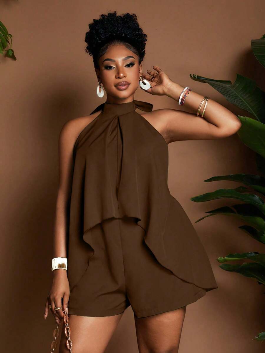 Maweii Plus Size Summer Casual Solid Color Backless Halter Romper - Brown - View 1