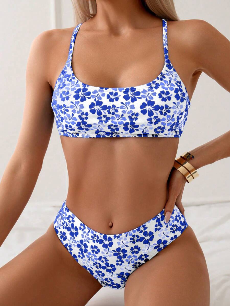 SHEIN Swim Women Floral Print Spaghetti Straps Bikini Set, Random Print, Wire-Free For Summer Beach Vacation - Blue and White - View 1