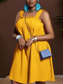 Slaydiva 大码无袖纯色休闲度假连衣裙 - 黃色 - 查看 1